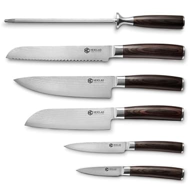 HexClad 6-Piece Espresso Damascus Knife Set, 67-Layer Japanese Damascus Stainless Steel Blades, 60 HRC, Made with the 3-Step Honbazuke Method, Pakkawood Handles, 12-Degree Edge