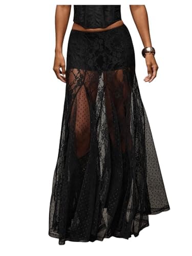 WDIRARA Women's Sexy See Through Sheer Lace Maxi Skirt Low Waist A Line Flowy Long Mesh Skirt Black Medium
