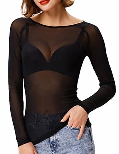 Kate Kasin Womens Crew Neck Mesh Top, Long Sleeve Sheer Tops, Basic See Through Blouse Layering Black M
