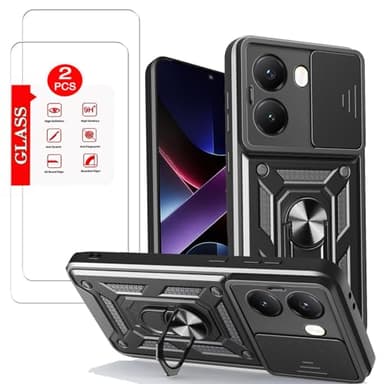 Anvzle for Xiaomi Poco X7 pro Case with [2 Pack] Tempered Glass Screen Protector, for Poco x7 pro Case [Military-Grade] Protective，with Lens Protects Magnetic Kickstand Holder Black