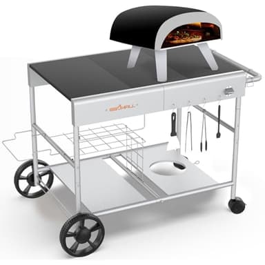 BBQMall Upgraded Pizza Oven Cart Table for Ooni Koda/Karu/Fyra 16 & 12, Movable Thicken & Widen Rolling Kitchen Cart, Outdoor Grill Stand for Ninja Woodfire,Blackstone Griddle,Barbecue Tool Set