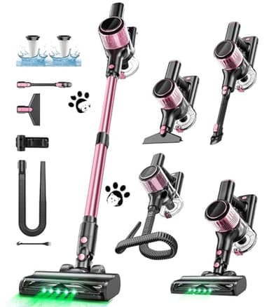Cordless Vacuum Cleaner, 10 in 1 Stick Vacuum with Powerful Suction, Hose, Green LED Light, Anti-Tangle Brush, Lightweight Rechargeable Vacuum Cleaner for Home, Hardwood Floors, Carpets, Pet Hair,Pink