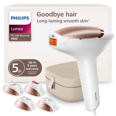 Philips Lumea 9000 Series IPL Hair Removal Device Permanent Laser Hair Reduction for Women & Men, Easy and Comfortable Use at Home, SenseIQ, 4 Attachments for Body, Face, Bikini & Underarms, BRI984/03
