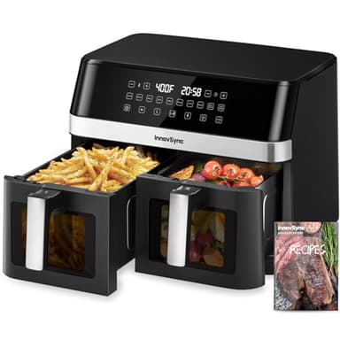 12QT Large Dual Air Fryer, 10-in-1 Double Zone Airfryer with 2×6QT Baskets, 60° Easy-Panel with Full Touchscreen, SyncCook Function, Viewing Window, 2 Dishes at Once, Black