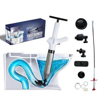 BrightMind Workshop High Pressure Toilet Plungers for Bathroom, Air Drain Blaster Kit Includes Grabber Tool, 2 O-Rings, Wall Mount Rack, Heavy Duty Clog Remover for Bathroom Sink & Toilet (White)