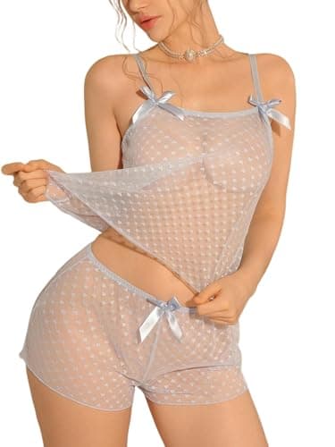 SOLY HUX Women's Sexy Sheer Mesh Pajama Bowknot Camisole Top and Shorts 2 Piece Cute Heart Print See Through Lingerie Set Blue Heart Medium