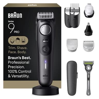 Braun All-in-One Series 9 PRO Beard and Body Trimmer, AIO 9555 for Men with Gillette Labs Razor, Cordless Grooming System with Precision Length Control, Rechargeable Electric Facial Hair Tool