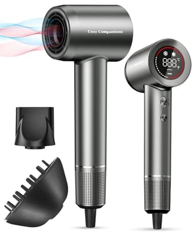 Hair Dryer - Negative Ionic Blow Dryer with 150000 RPM High Speed Brushless Motor for Fast Drying, Low Noise, HD Display Hair Dryer with Diffuser and Nozzle, 5 Temps & 2 Speeds