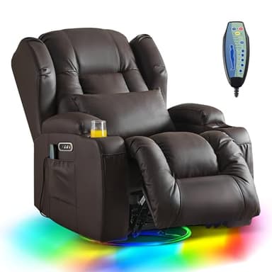 DRMBOOK Dual Motor Power Swivel Rocker Recliner Chairs, Electric Wall Hugger Reclining Sofa with Massage & Heat, Comfy Theater Seating with LED Light/USB/Type-C Ports (Leather Brown, Single Chair)