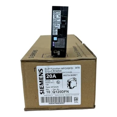 EMSER Siemens Q120DFN 20 Amp 1-Pole Dual Function (CAFCI/GFCI) Plug-On Neutral Circuit Breaker, Black(Pack of 10)