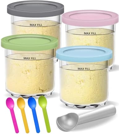Creami Pints and Lids for Ninja - 4 pack Creamy Icecream Containers Cups Jars Tubs Canisters Set, Smoothie Pot Compatible with NC299AMZ & NC300s Series Creamer Ice Cream Maker Machine Accessories