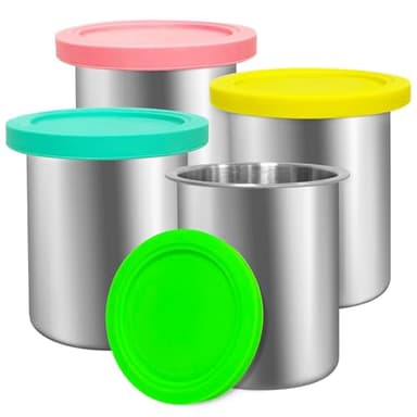 Stainless Steel Fit for ninja Creami Deluxe Containers– 4 Pack, 24 oz, Compatible with Ninja Creami CN501CO,NC501, NC500 Delux XL Series, Silicone Lids, BPA-Free, Dishwasher Safe, 5 Years Warranty