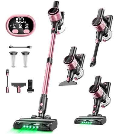 VICEASE Cordless Vacuum Cleaner, 8 in 1 Powerful Suction Lightweight Vacuum Cleaner for Home, LED Display, 3 Suction Modes, 45Mins Detachable Battery Vacuum for Hard Floor Carpet Pet Hair, Pink