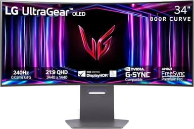 LG 34GS95QE 34-inch Ultragear OLED Curved Gaming Monitor WQHD 1440p 800R 240Hz 0.03ms AMD FreeSync Premium Pro NVIDIA G-Sync HDMI 2.1 DisplayPort Tilt/Height/Swivel Stand Black