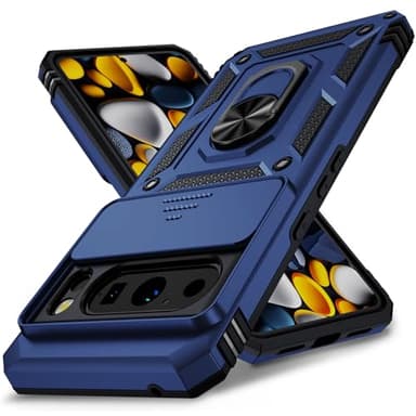 Vinve for Google Pixel 8 Pro Case, Slide Lens Cover, Military Grade Drop Protection, Magnetic Rotated Ring Holder Kickstand Protective Phone Case for Pixel 8 Pro (Blue)