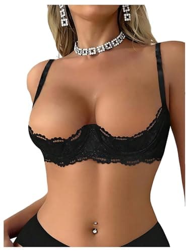 OYOANGLE Women's 1/4 Cup Lace Bra Balconette See Through Mesh Underwired Demi Spaghetti Strap Supportive Lingerie Bra Black Medium