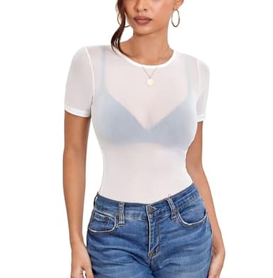 Women's Mesh Tops Short Sleeve Sheer Tee Shirts See Through Bodycon Clubwear Shirts A White