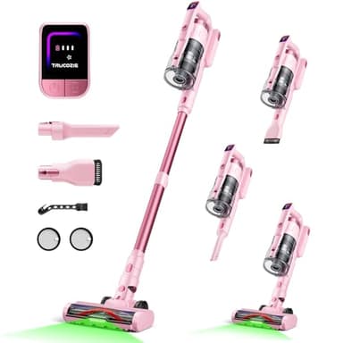 Cordless Vacuum Cleaner for Home, Upgraded 60Kpa Powerful Suction Pet Hair Vacuum with 70min Runtime, Green LED Light for Hardwood Floors & Carpet, Self-Standing Rechargeable Stick Vacuum, Pink