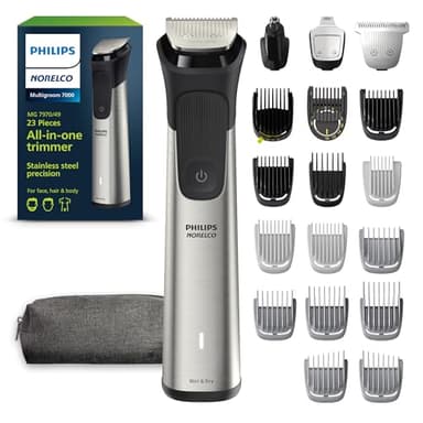 Norelco Philips All-in-One 7000 Series 23-Piece Trimmer - Electric Shaver and Clipper for Face, Beard, Head & Body, Self-Sharpening Titanium Blades, 26 Length Settings (0.5-16 mm), MG7970/49