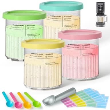 4 Pack Creami Deluxe Pints & Lids for Ninja, 24 Oz Compatible with NC500 NC501 Series Ice Cream Makers, with 5 Spoons & 64 Writable Labels, BPA-Free & Dishwasher Safe, 4 Color Lids