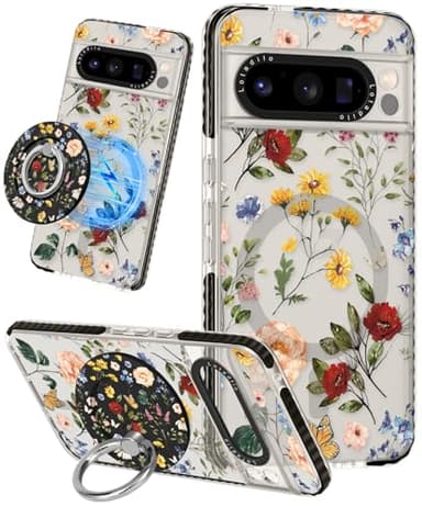 Lotadilo Cute for Google Pixel 8 Pro Case - Compatible with Magsafe Magnetic Ring Holder Stand Kickstand for Women Girls Girly Funny Fashion Pretty TPU Phone Covers Retro Flower Design