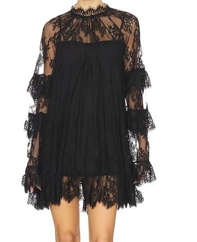 Women See Through Long Sleeve Lace Mini Dress Ruffle Layered Sheer Lace Short Dresses Sexy Going Out Cover Up Dresses Black