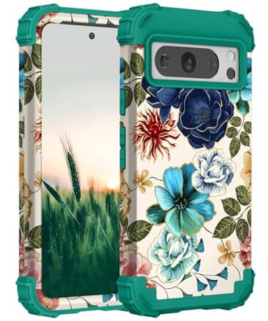 Hocase for Google Pixel 8 Pro Case, Shockproof Heavy Duty Protection Hard Plastic+Silicone Rubber Bumper Hybrid Protective Case for Google Pixel 8 Pro 6.7" 2023 - Teal Flowers
