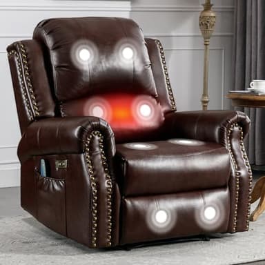 HAOMARKETS Classic Power Recliner Chair with Massage and Heat, Breathable Faux Leather Electric Recliner with USB Port, Overstuffed Reclining Sofa with Rivets for Living Room, Caramel Brown