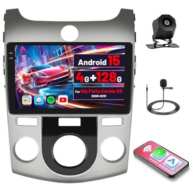 Inefala [4+128GB] Android 15 Car Radio for Kia Forte Cerato K3 2008-2013 with Wireless Carplay/Android Auto, 9 Inch HD Touchscreen Car Stereo with GPS WiFi Bluetooth FM/RDS EQ SWC Backup Camera MIC