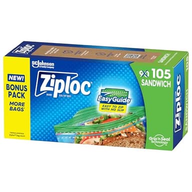 Ziploc Sandwich and Snack Bags with EasyGuide Texture, Plastic Storage Bags with Grip 'n Seal Technology, 105 Bags Total