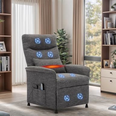 Heated & Vibration Massage Recliner Chair for Adults – Fabric Electric Recliner with Adjustable Back & Footrest, Side Pocket Storage, Compact Living Room & Home Theater Seating (Light Gray)