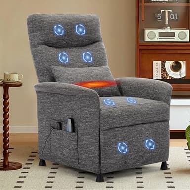 Power Recliner Chair for Adults – Heated Massage, Vibration, Electric Reclining Sofa with Side Pocket & Remote, Adjustable Recliner for Living Room or Home Theater Seating (Premium, Light Gray)