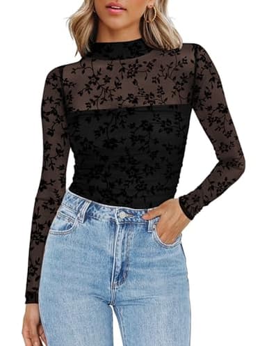 Zeagoo Womens Mesh Sheer Long Sleeve Top Mock Turtle Neck See Though Shirts Ruched Sexy Casual Going Out Blouses Black Floral