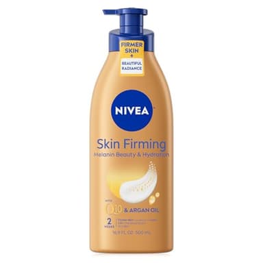 NIVEA Skin Firming Melanin Beauty & Hydration Body Lotion with Q10 and Argan Oil, Firmer Skin in as Little As Seven Days, 16.9 Fl Oz Pump Bottle