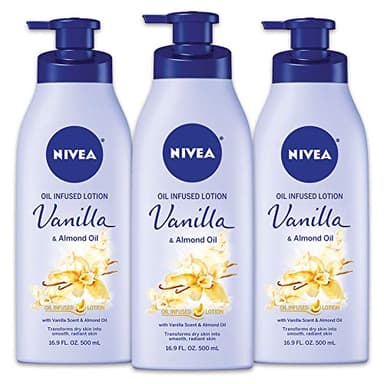 NIVEA Oil Infused Vanilla and Almond Oil Body Lotion for Women, Fast-Absorbing and Non-Greasy Vanilla Scented Lotion Moisturizes for 48 Hours, 16.9 Fl Oz Pump Bottle, Pack of 3